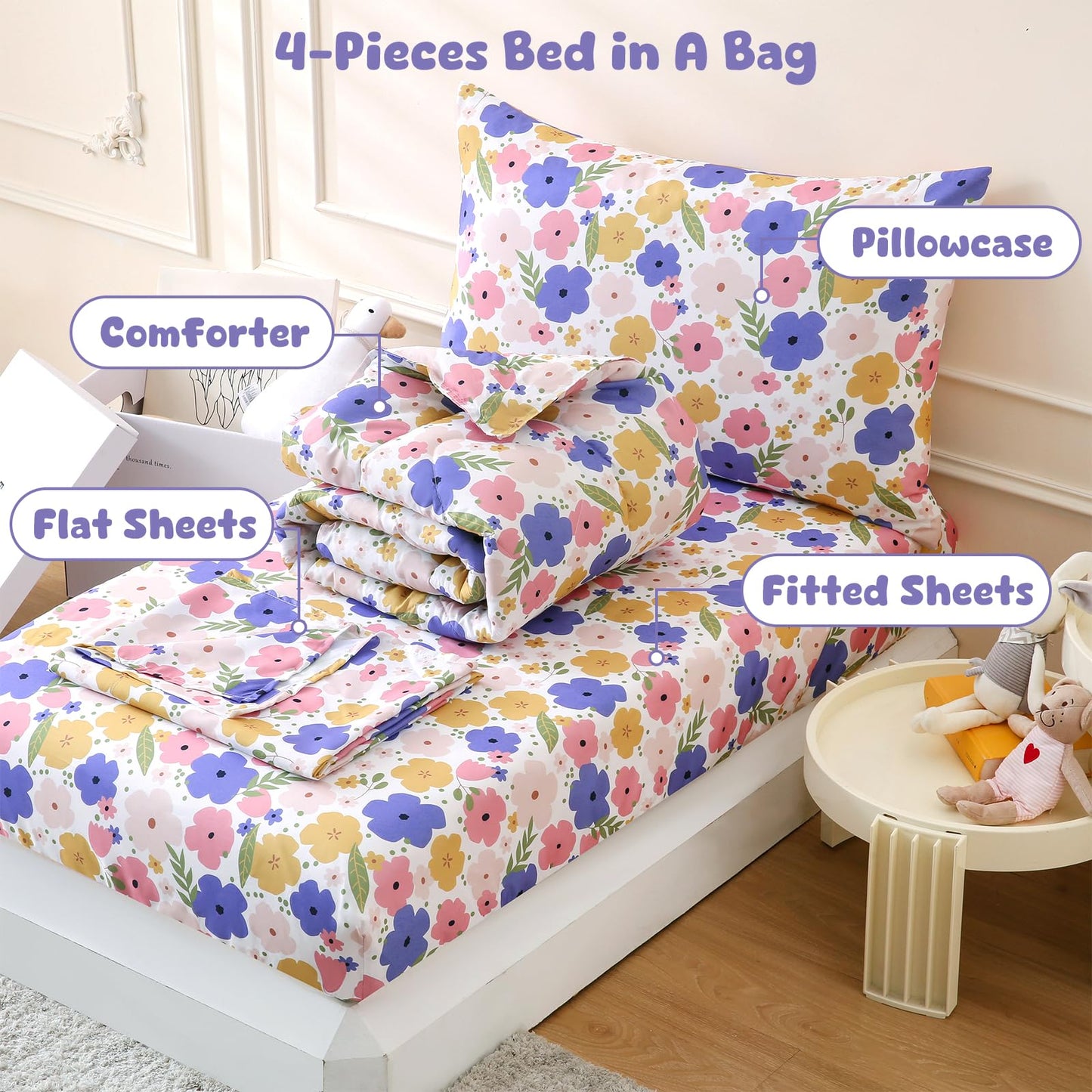 LONAVA Toddler Kids Comforter Set - 4 Pieces Toddler Bedding Sets for Boys Girls Children, Ultra Soft Microfiber Bed in A Bag with Flat Fitted Sheets, Flower