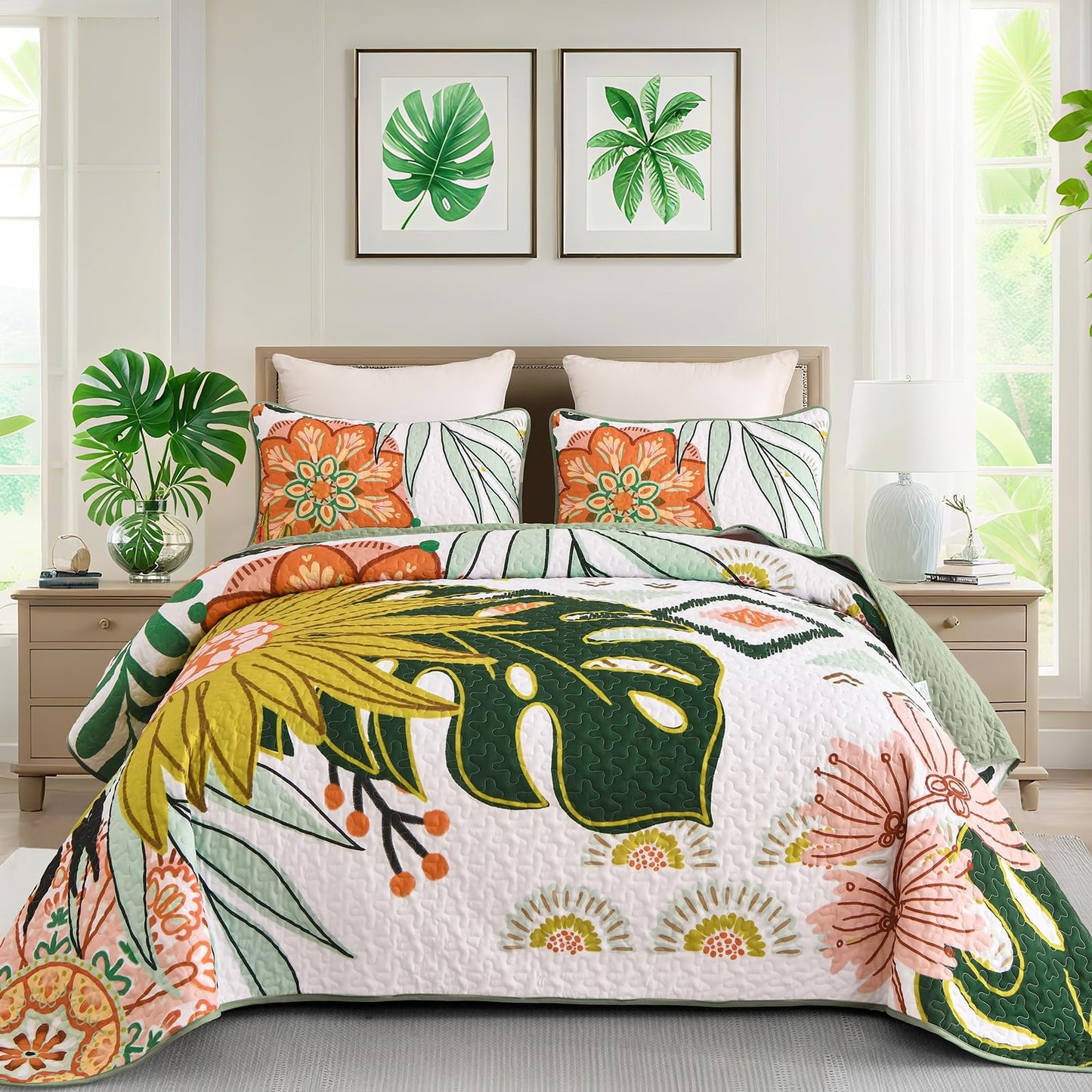 DJY Boho Floral Quilt Set Queen Size 3 Piece Green Bedspread, Botanical Farmhouse Quilt Bedding Set Reversible Soft Microfiber Bohemian Coverlet for All Season, 90''x96''