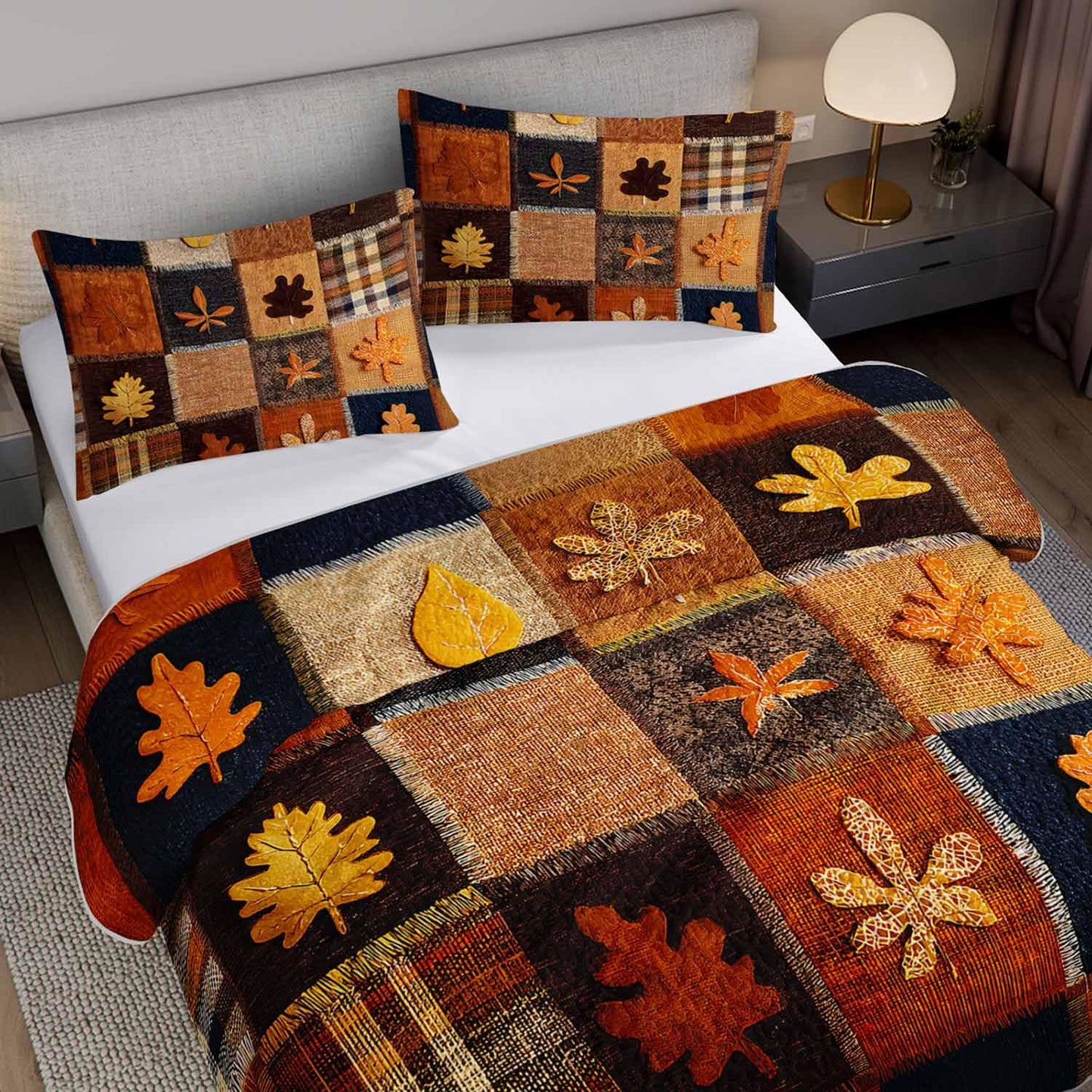 XYNHML Fall Maple Leaf Printed Quilts Bedding Full 3Pcs Brown Rustic Leaves Quilt Bed Set Grid Patchwork Lightweight Soft Bedspread Coverlet with 2 Pillowcases for Kid Boy Girl Teen Adult Bed Decor