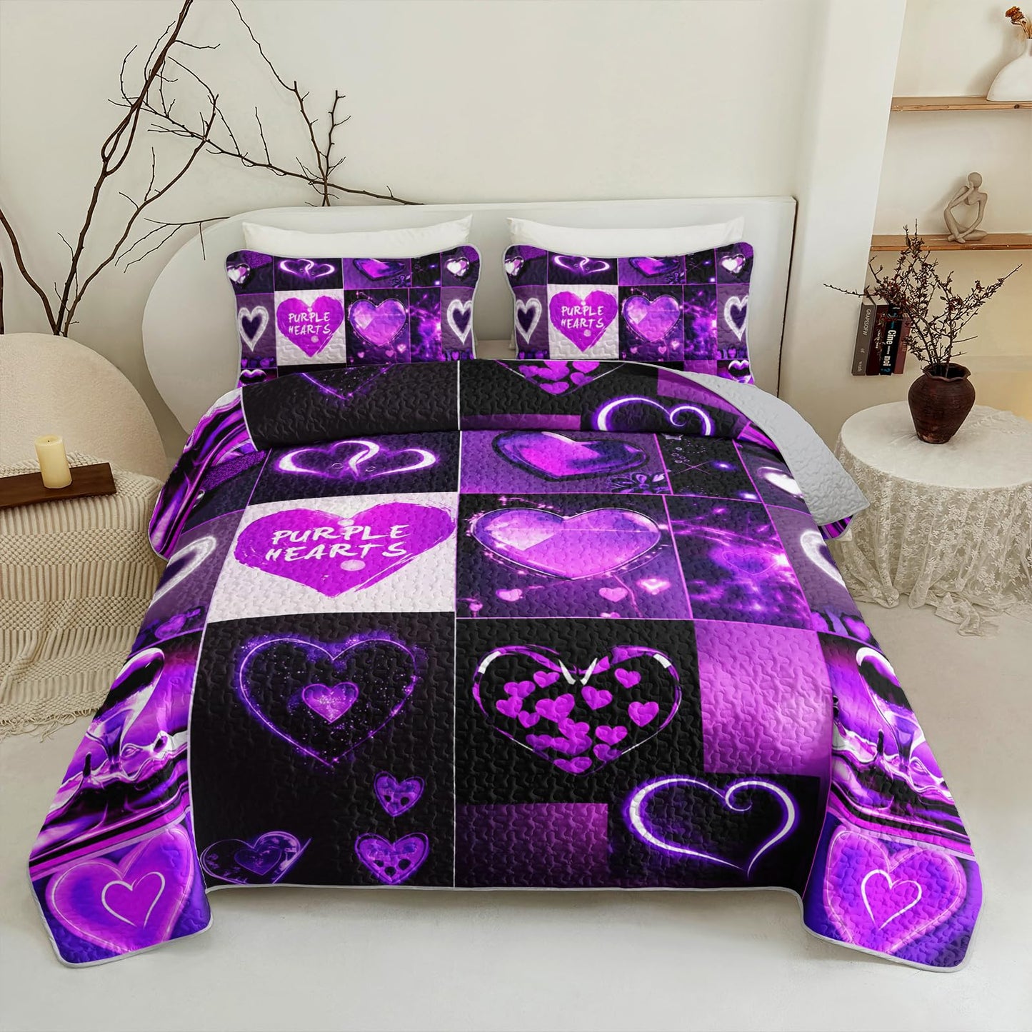 QOOMO Hearts Print Kids Quilt Set,Purple Bedding Set for Boys Girls Room Decoration,Bed Set Microfiber Lightweight All Season Twin Size,1 Quilt Set 2 Pillowcases