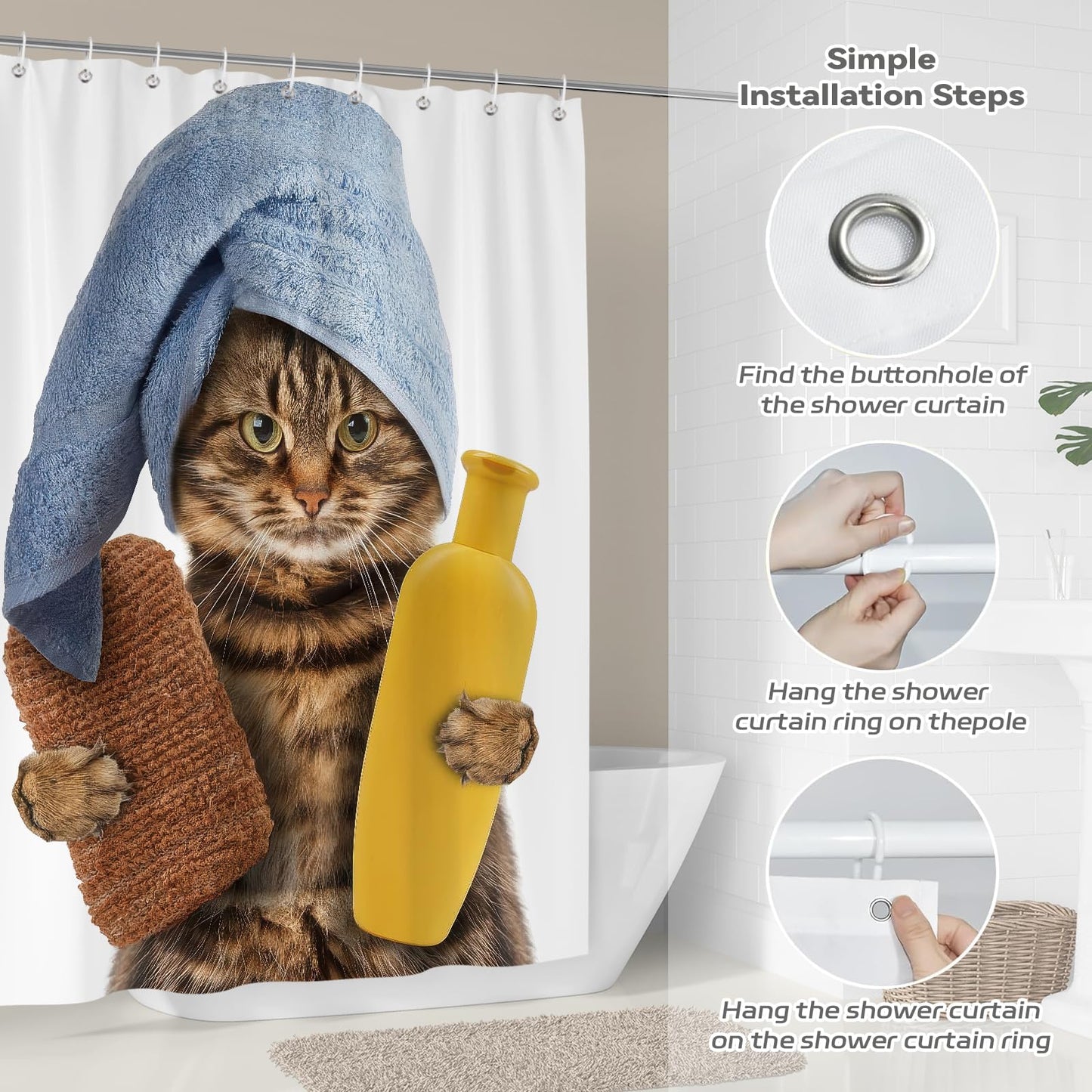 Hopomoon Funny Cat Shower Curtain,Cute Cats Waterproof Polyester Fabric Bathroom Curtain with 12 Hooks for Kids and Adults,72 x 72 inch
