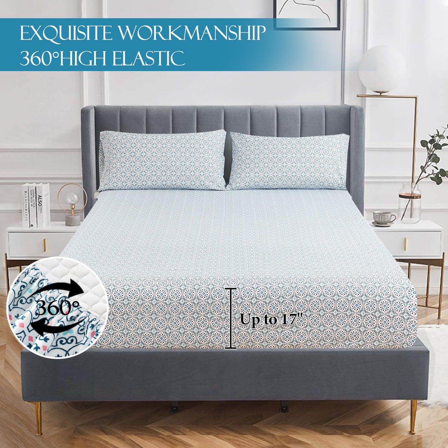 KACEMOO California King Sheet Set 4PC Blue Printed Sheets Floral Bed Sheet Boho Pattern Sheets Cooling Soft Deep Pocket Microfiber Brushed Sheet, Easy Care, Breathable, Wrinkle Free Bed Set