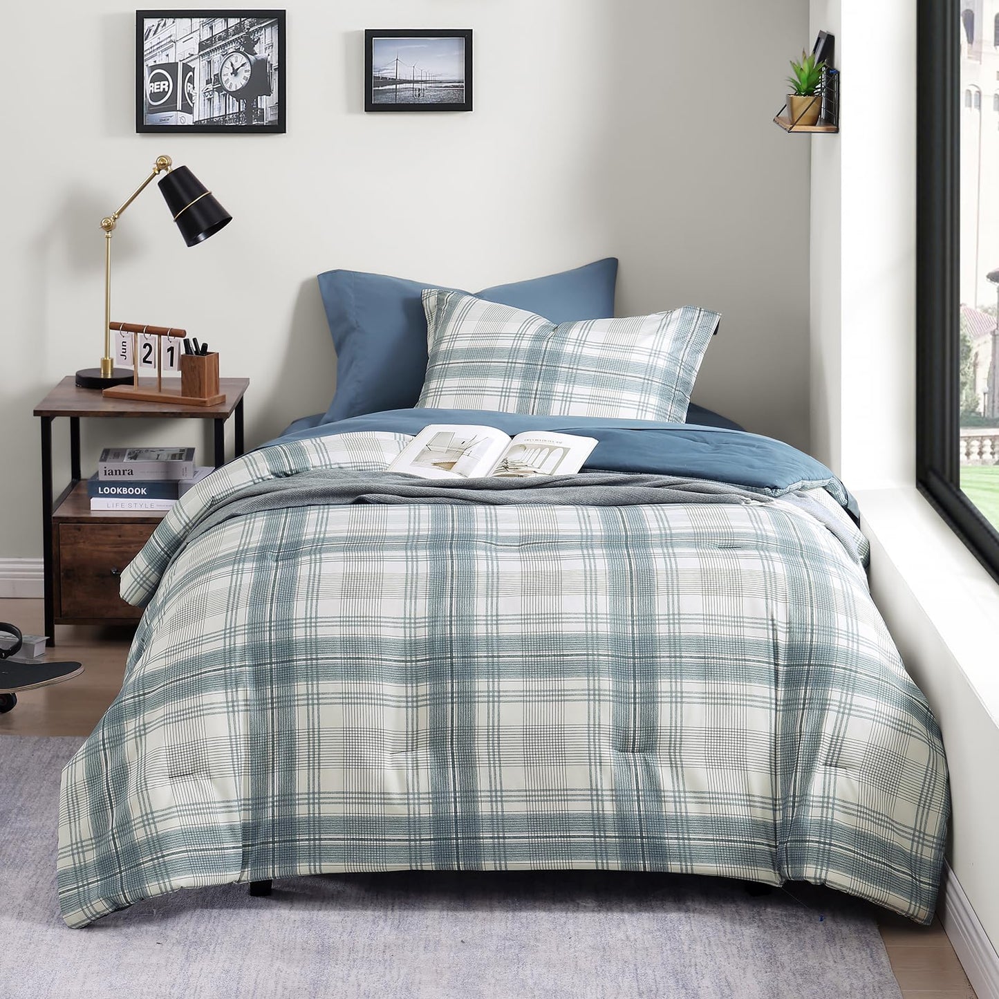 AMBERSPACE Twin XL Comforter Set, Blue Grey Plaid Bedding Set 5 Piece for Boys Girls Teen, Classic Homestead-Style Kids Comforter Set Bed in A Bag with Sheets, Pillowcase & Sham