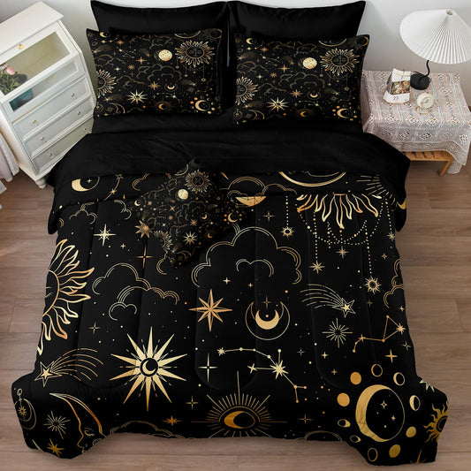 Bedding_Dreamer Black and Gold Queen Bed in a Bag Sun and Moon Bedding Set Mysterious Space Home Decor Galaxy Down Comforter Black Sheet Sets 8 Pcs Soft Microfiber for Kids Adults