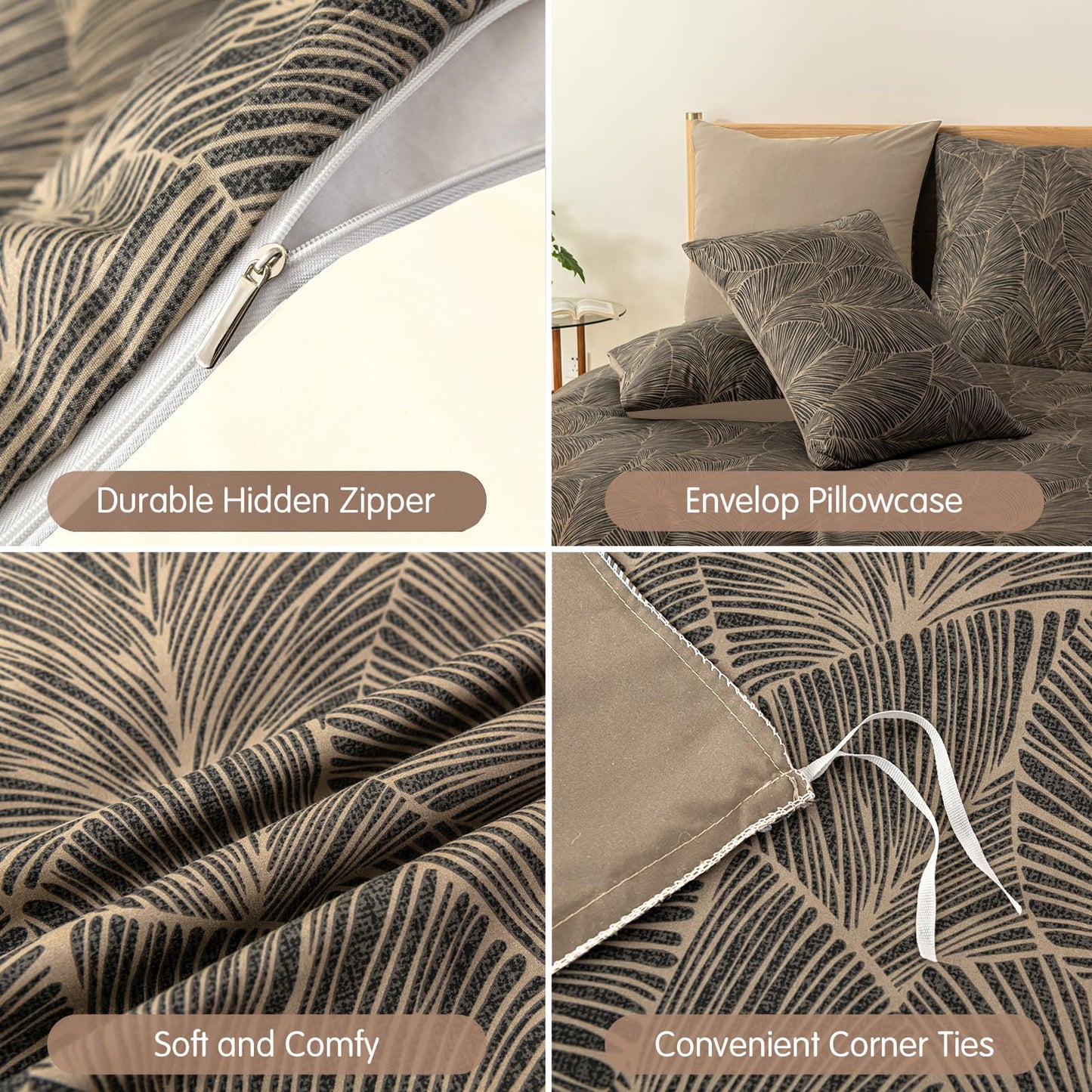 Lekesky Queen Size Duvet Cover Set, Reversible Queen Comforter Cover with Tropical Leaves Pattern, Soft 100% Washed Microfiber 3 Pieces Khaki Bedding Set with Zipper and 2 Pillowcases