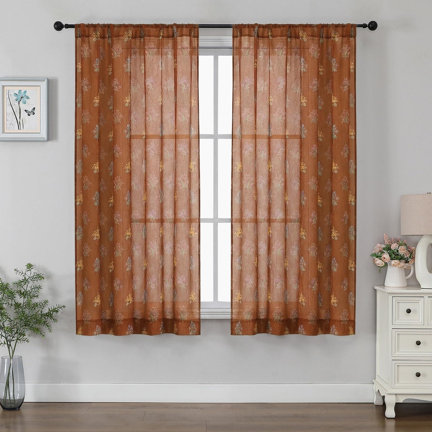 Ebesto Crushed Floral Sheer Curtains 63 Inch Length - Light Filtering Printed Sheer Flower Patterned Curtains for Bedroom, Spring Romantic Rod Pocket Window Drapes, 2 Panels, 42Wx63L, Terracotta