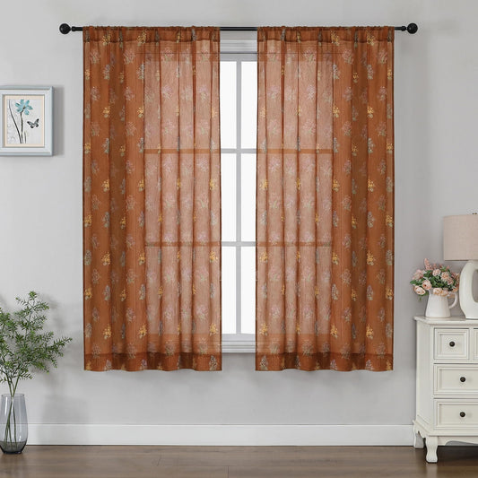 Ebesto Crushed Floral Sheer Curtains 63 Inch Length - Light Filtering Printed Sheer Flower Patterned Curtains for Bedroom, Spring Romantic Rod Pocket Window Drapes, 2 Panels, 42Wx63L, Terracotta