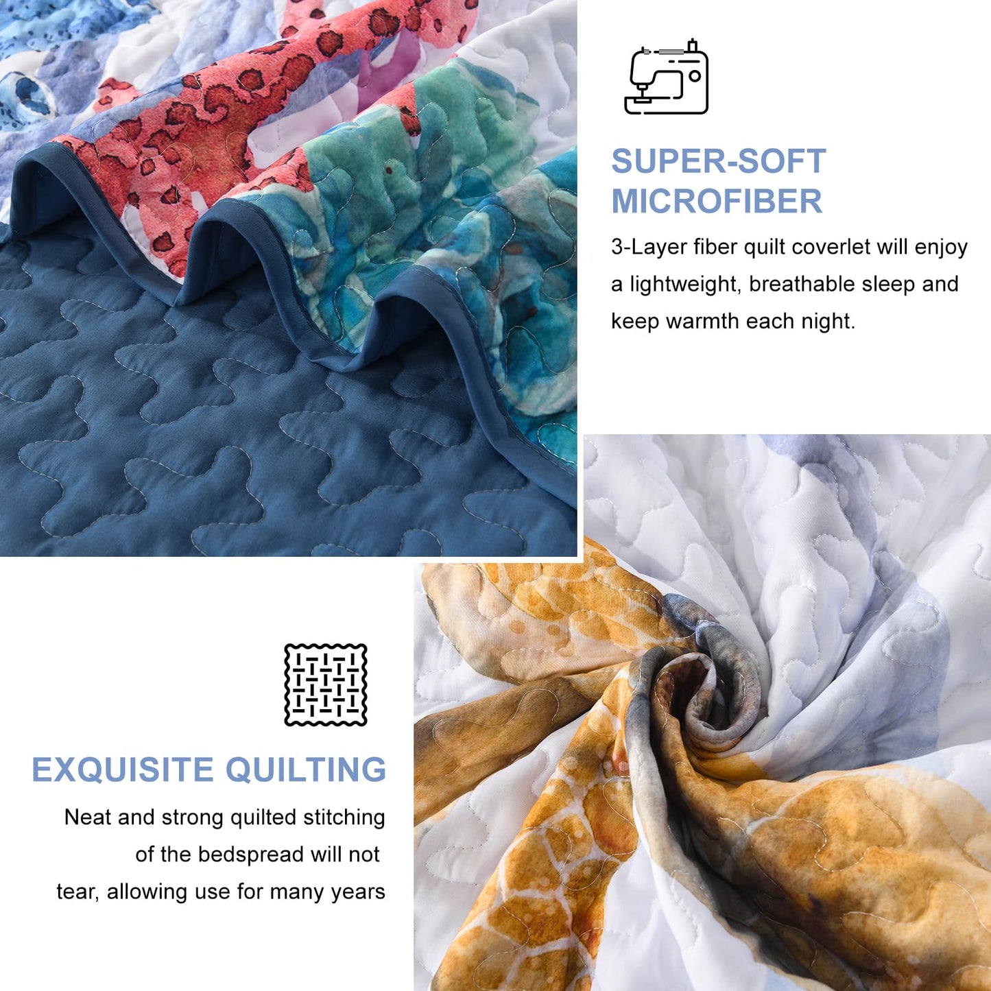 DJY King Quilt Bedding Set Size - 3 Pcs All Season Coastal Beach Ocean Lightweight Reversible Microfiber Coverlet Quilt Bedspread Queen Size Bedding with 1 Quilt, 2 Pillow Shams