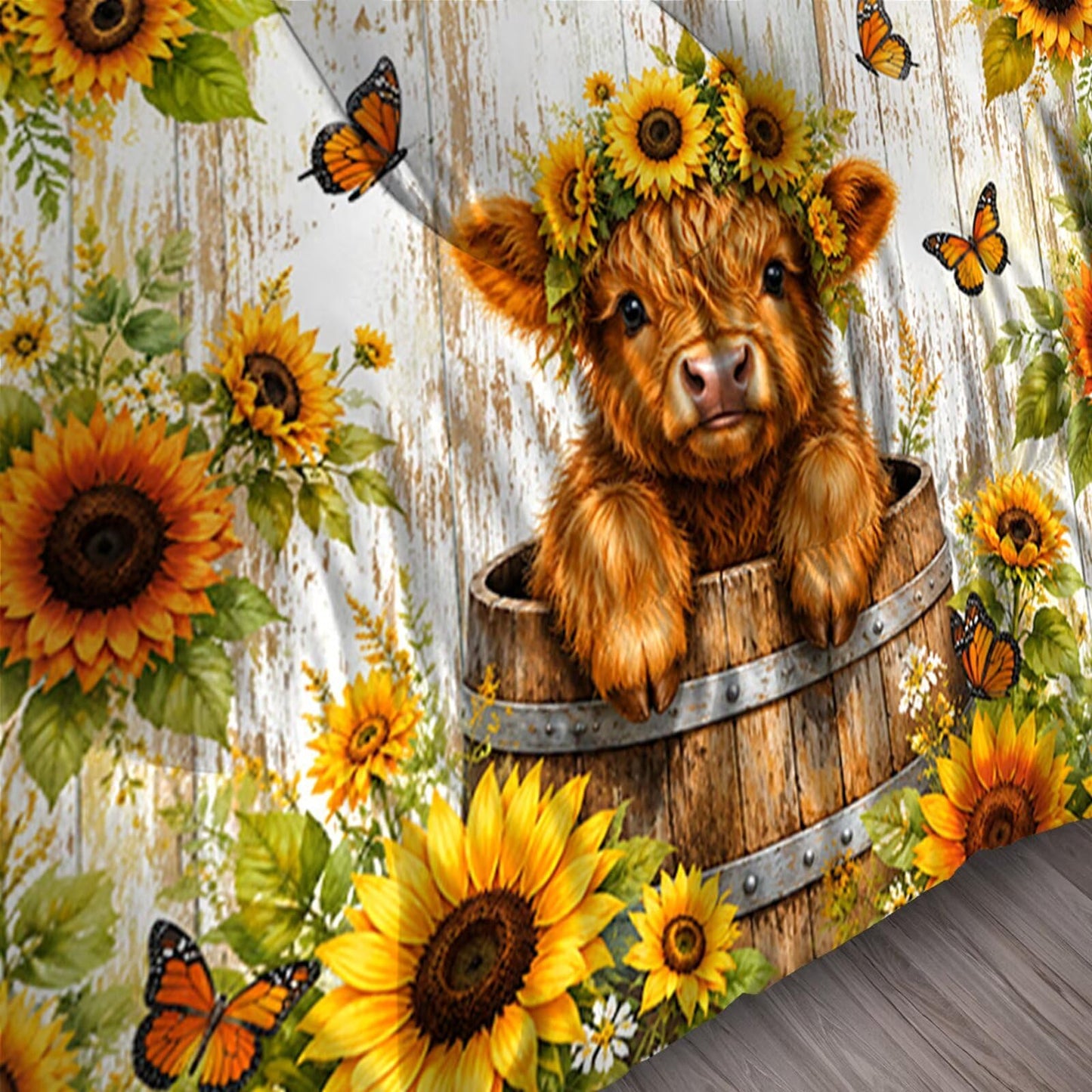 FUYEUN 7 Pcs Farmhouse Animal Bedding Comforter Set Queen Size, Kawaii Highland Calf in Barrel Print,Bed in a Bag with Flat Sheet & Pillowcases,Children Bedroom Decor