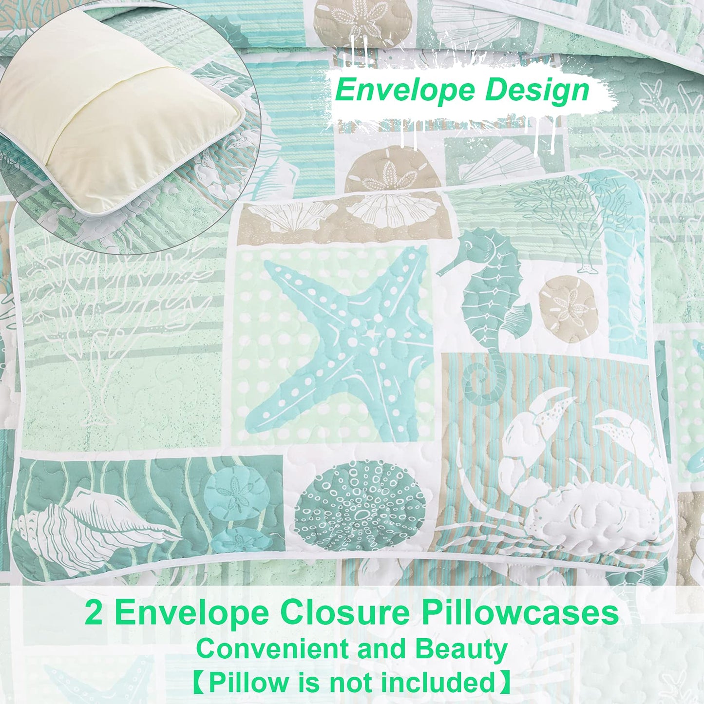 DJY Green Quilt Set Queen Coastal Beach Theme Quilt Coverlet Set Soft Microfiber Reversible Bedspread with 2 Pillow Sham 3 Pieces Coastal Bedding Quilt for All Season 90"x96"