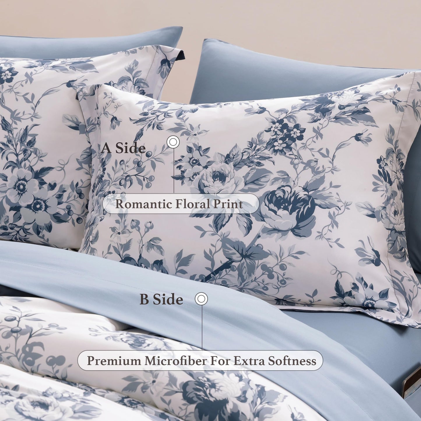 BLOOMHAVEN Queen Comforter Set -7 Pieces Floral Blue Comforter Set for All Seasons, Bed in a Bag Queen with Botanical Flowers Comforter, Sheets, Pillowcases & Shams