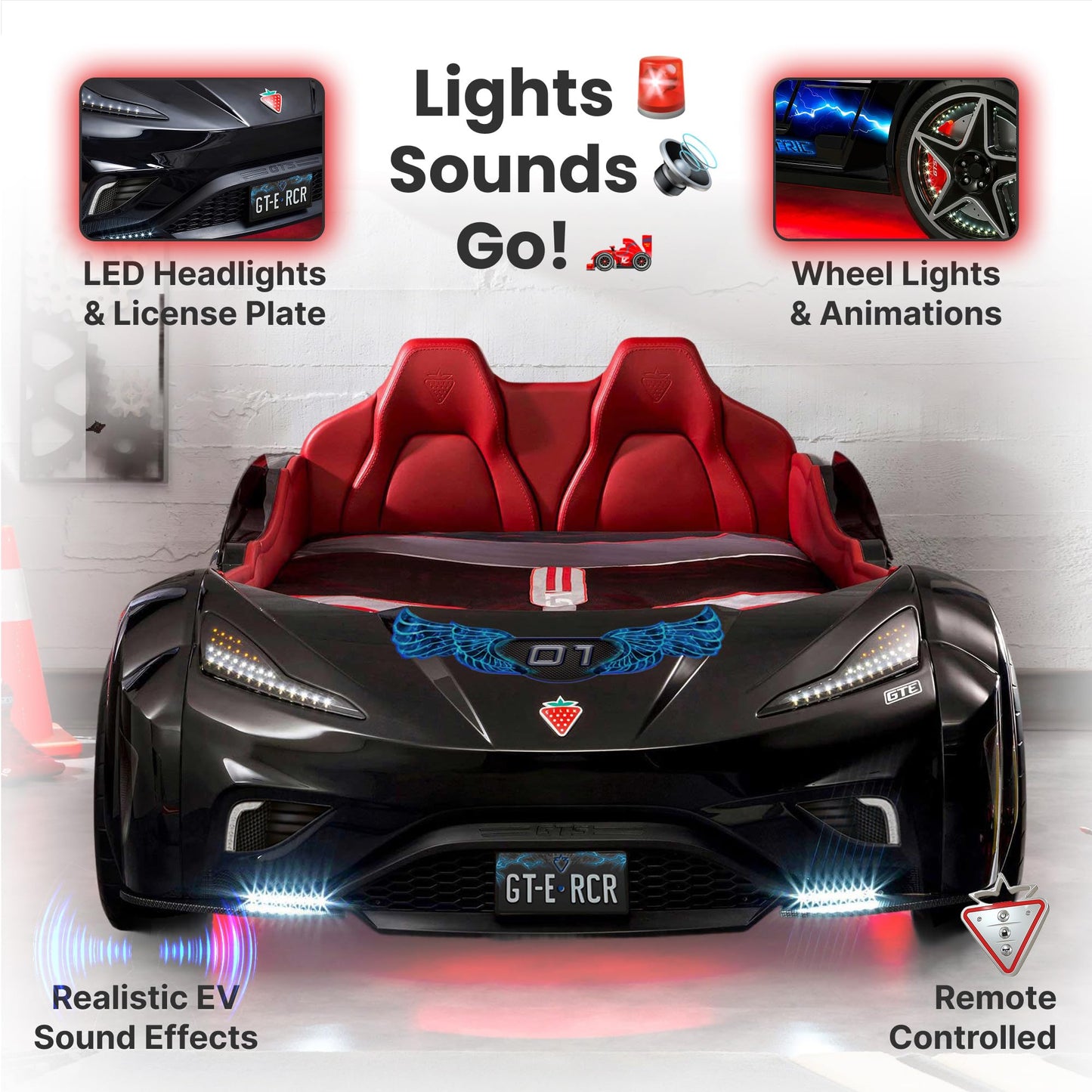 Cilek GTS EV Twin Race Car Bed for Boys with Remote Control, LED Lights & Sounds, Vegan Leather Headboard, Guardrails, Non-Toxic, Fits Twin Mattress, 250 lbs. Capacity, Suitable for ages 3-12, Black