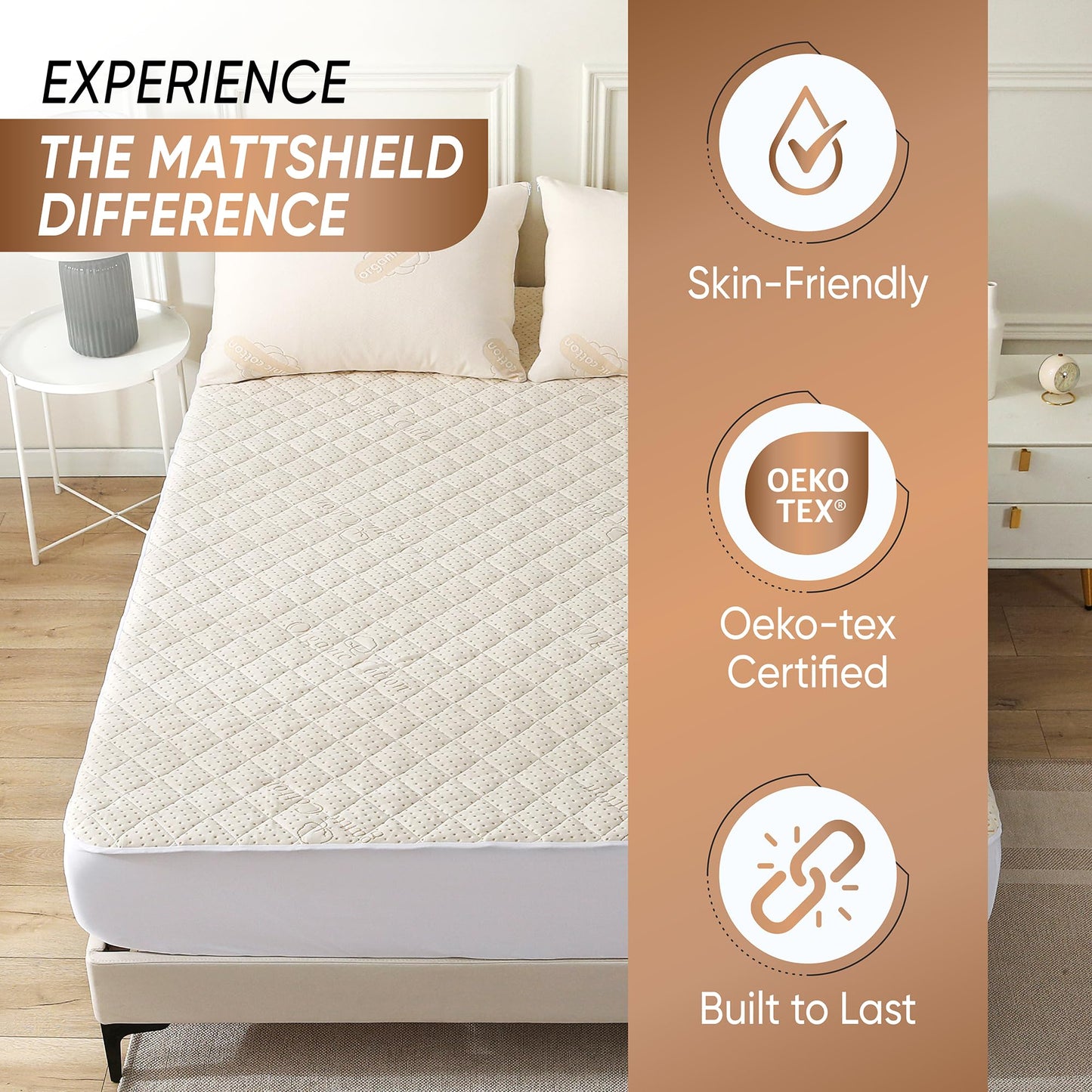 Luxury Quilted Organic Cotton Mattress Protector Twin Size - Premium 380 GSM Waterproof & Breathable Pad - Deep Pocket Fitted Cover - Soft & Silent Protection