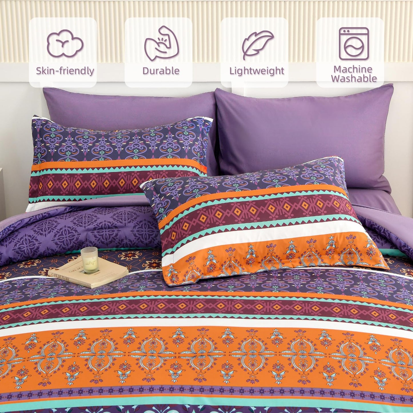WONGS BEDDING Boho Comforter Set Queen Size,7 Pieces Bohemian Comforter Bedding Set Bed in a Bag,Purple Paisley Floral Comfortet with Sheet Set,Soft Microfiber Striped Bedding Sets for All Season