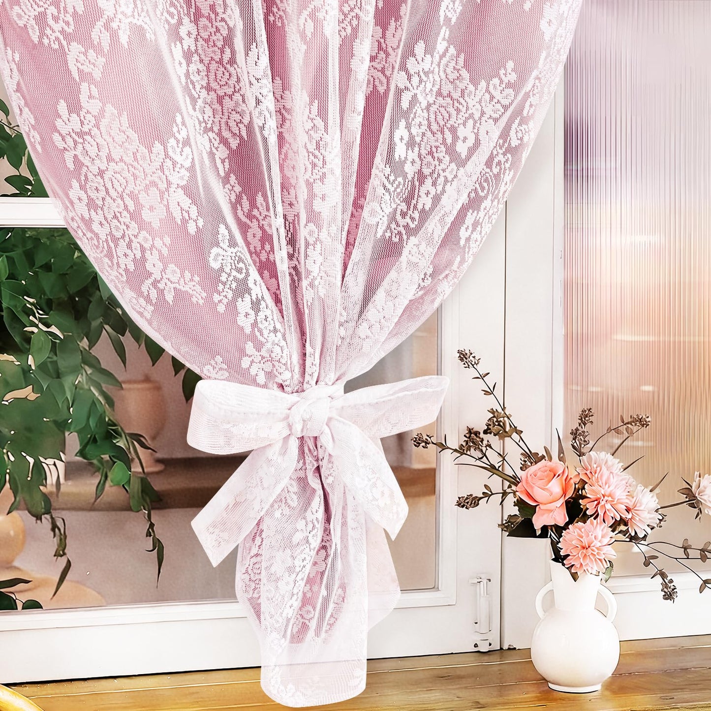 Yinhua Pink Kitchen Curtains 36 Inch Length Double Layer Blackout Cafe Curtains with Floral Sheer Overlay Rod Pocket Short Curtain for Windows, Small Window Curtain for Bathroom, Living Room, 2 Panels