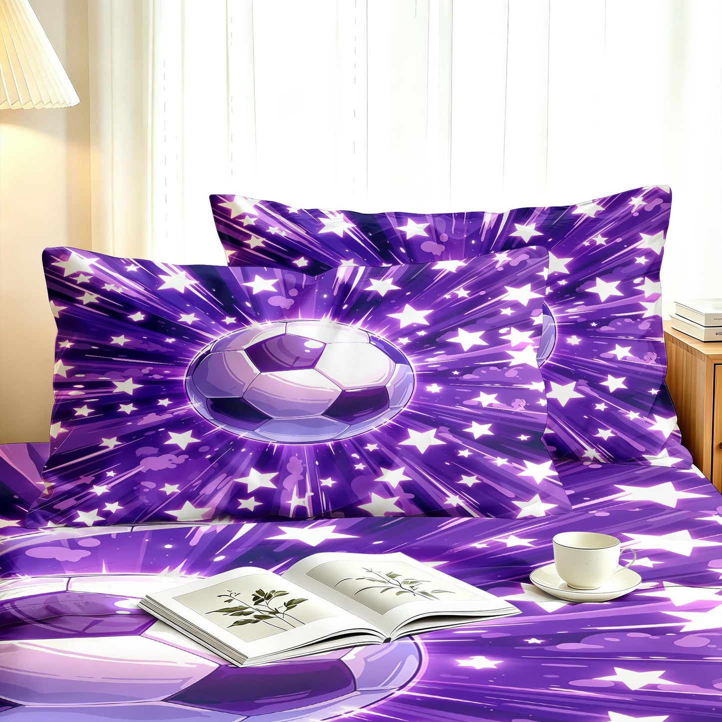 Soccer Ball Sheet Set, 4 Pcs Queen Size Boys Stars Bed Sheets, Purple