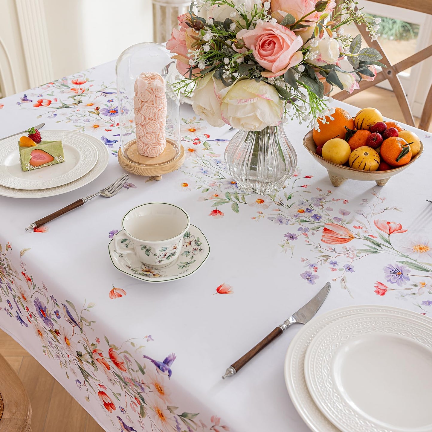 Joyfol Day Spring Florals Tablecloth, Tulips Wildflower Rectangle Table Cloth, Flowers Waterproof Table Covers for Easter, Birthday, Wedding, Mothers Day Tea Party Decorations, 84 x 60 Inch