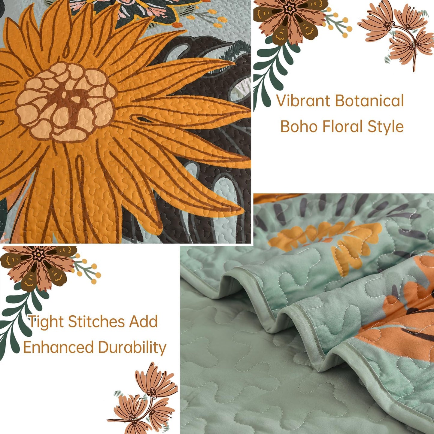 DJY Boho Floral Quilt Set Queen Size Sage Green Bedspread Coverlet Botanical Farmhouse 3 Piece Quilt Bedding Set, Reversible Microfiber Bed Cover for All Season, 90''x96''