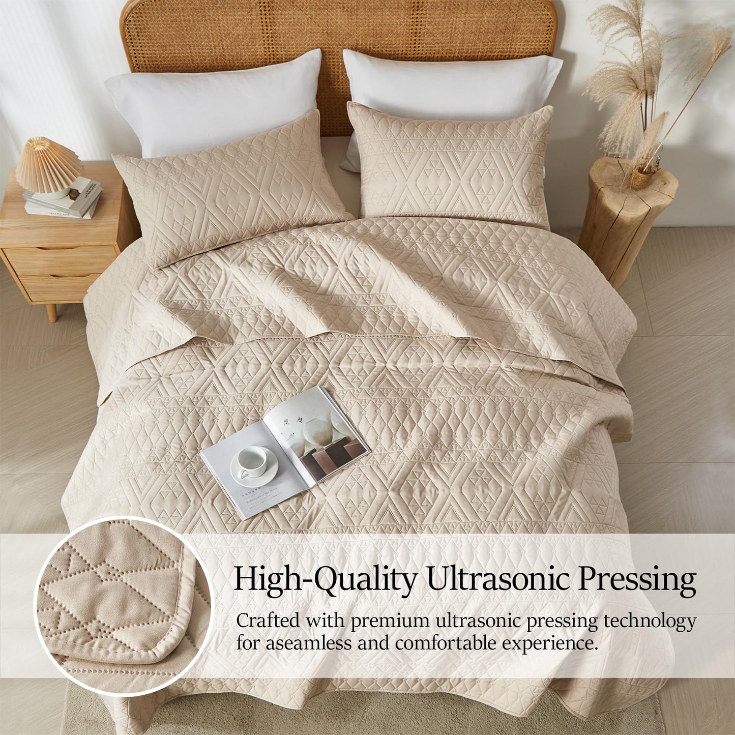 akkialla Full/Queen Size Quilt Bedding Set,Beige Lightweight Microfiber Soft Bedspread,Modern Style Geoetric Pattern Coverlet Set for All Seasons,3 Piece(1 Quilt,2 Pillow Shams)