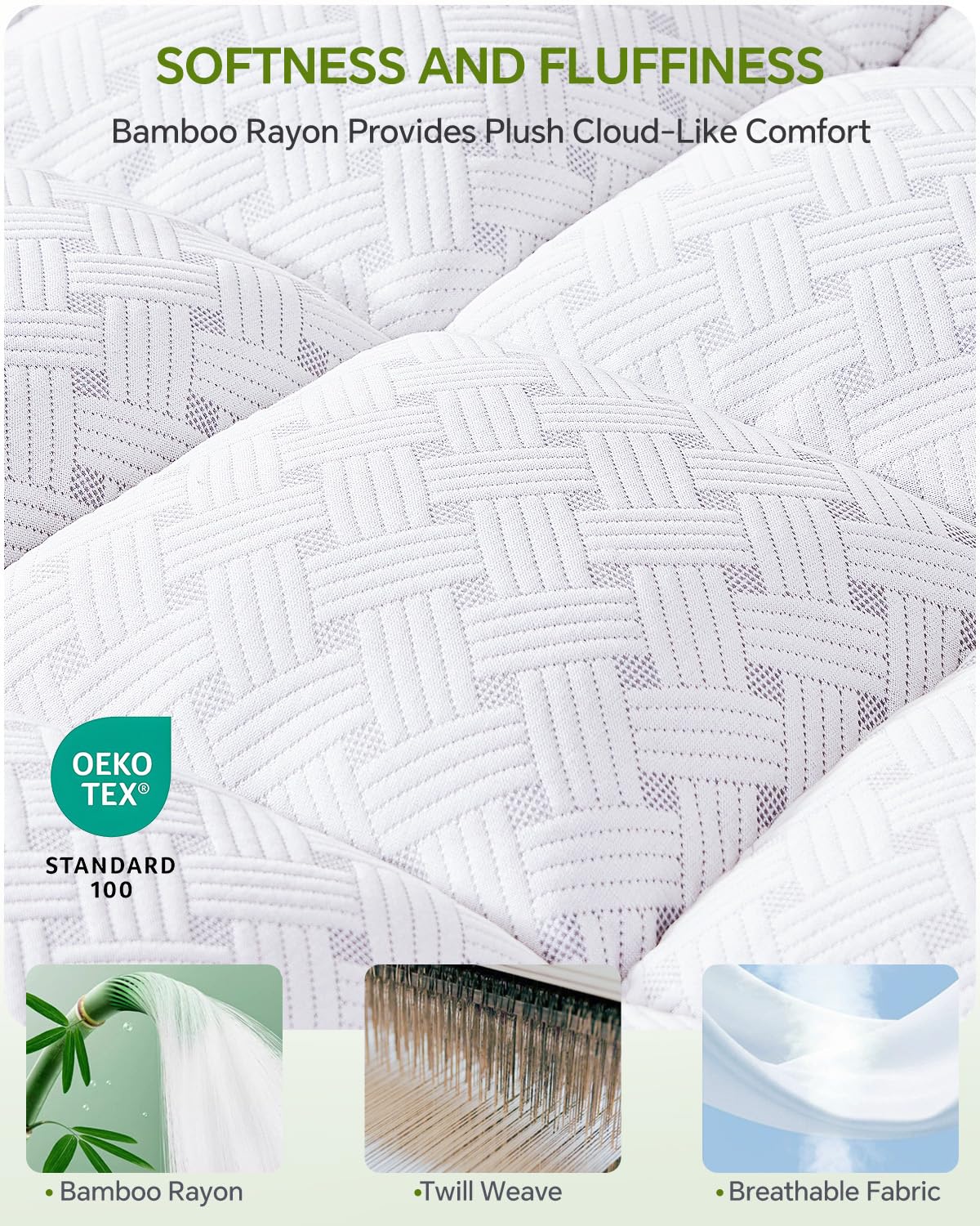 Qocismile Queen Mattress Topper,3 Inch Thick Pillow Top Mattress Pad,Bamboo Rayon Breathable Cover,Soft Queen Size Shredded Memory Foam Fill Bed Topper for Comfort Sleep Full Support Pressure Relief
