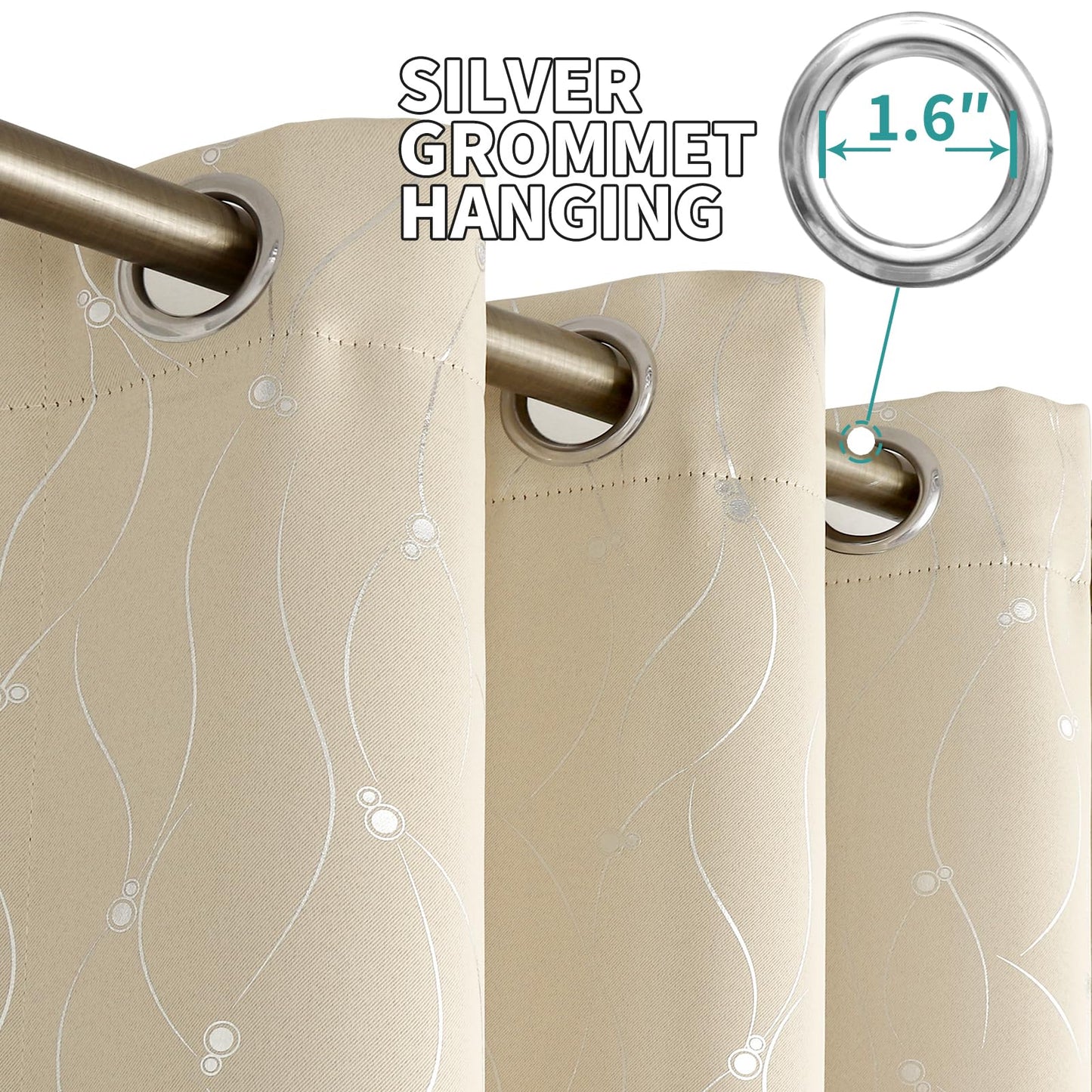 BGment Blackout Curtains 63 Inch Length 2 Panels Set, Grommet Thermal Insulated Blackout Curtains with Wave Line and Dots Printed for Bedroom, 2 Panels, Each 52 x 84 Inch, Champagne