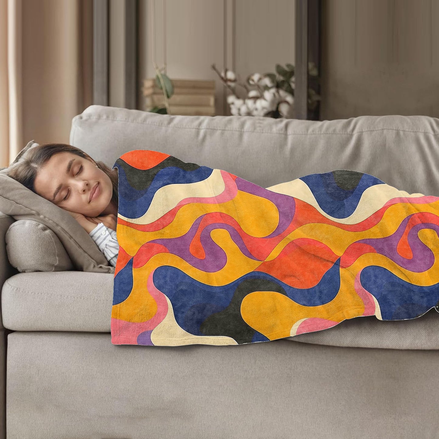 Plistiz Abstract Retro Throw Blanket 60x80, Mid-Century Modern Theme Blankets for Living Room Decor, Soft Flannel Rainbow Gifts for Women