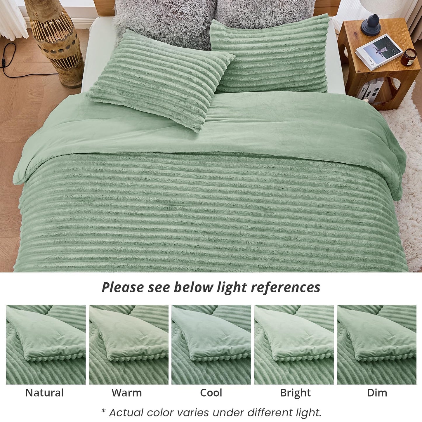 Sasttie King Comforter Set 3 Pieces - Super Soft Fleece Comforters King Size, 1 Luxury Warm Fuzzy Marshmallow Comforter with 2 Pillow Cases, Faux Fur Down Alternative Bedding Set, Sage Green