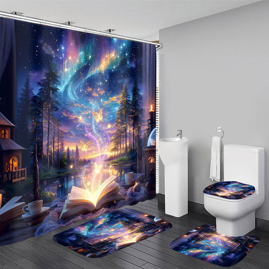 4Pcs Book Forest Starry Shower Curtain Sets with Non-Slip Rugs,Toilet Lid Cover and Bath Mat,Aurora Pattern Home Bathroom Decor Set Accessories Waterproof Shower Curtains with 12 Hooks,72 x 72 Inch