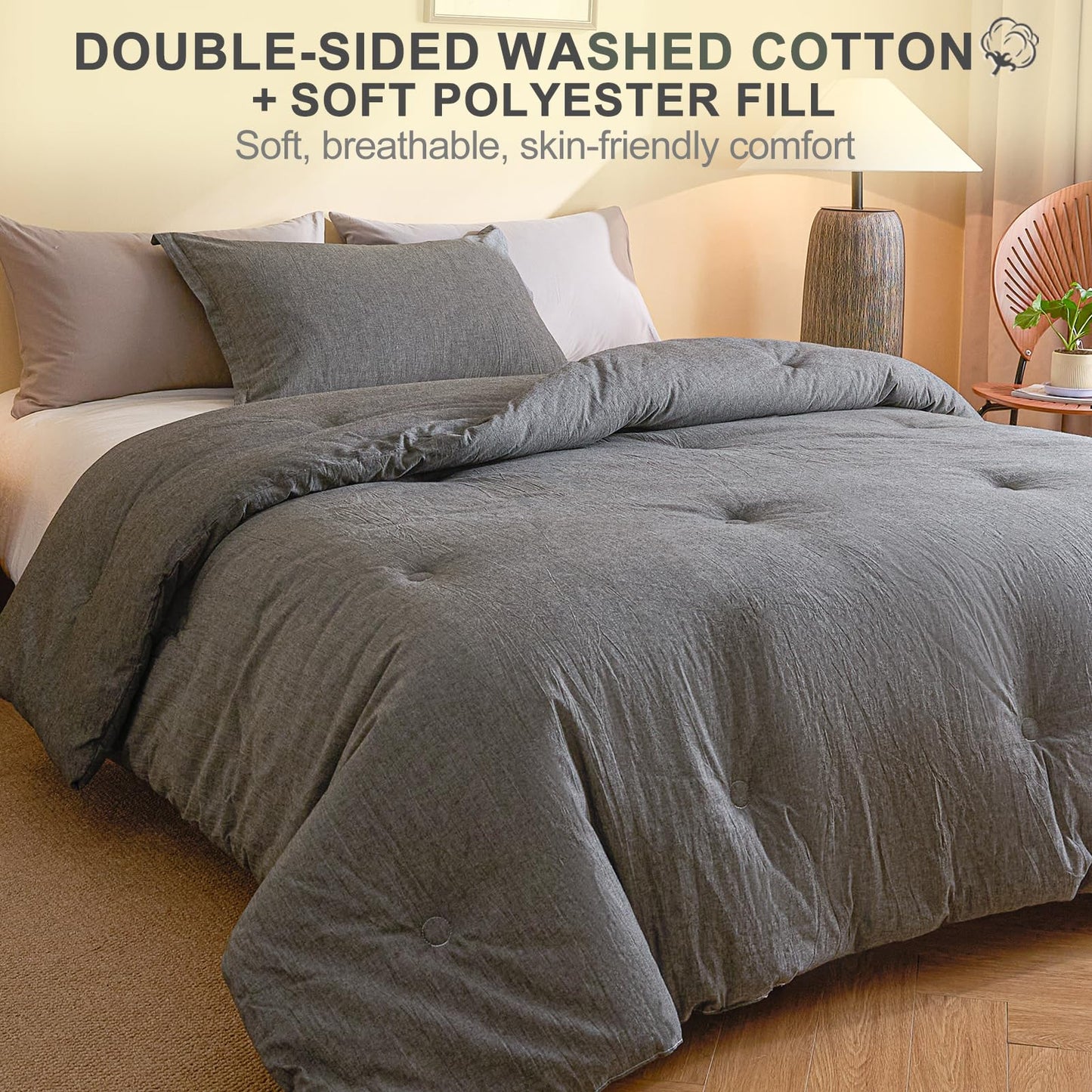 hadamick 100% Cotton Comforter Set Full Size – Reversible Yarn-Dyed Design, Soft Washed Cotton on Both Sides, Lightweight All-Season Bedding, Machine Washable(Black Grey, 80”x90”)