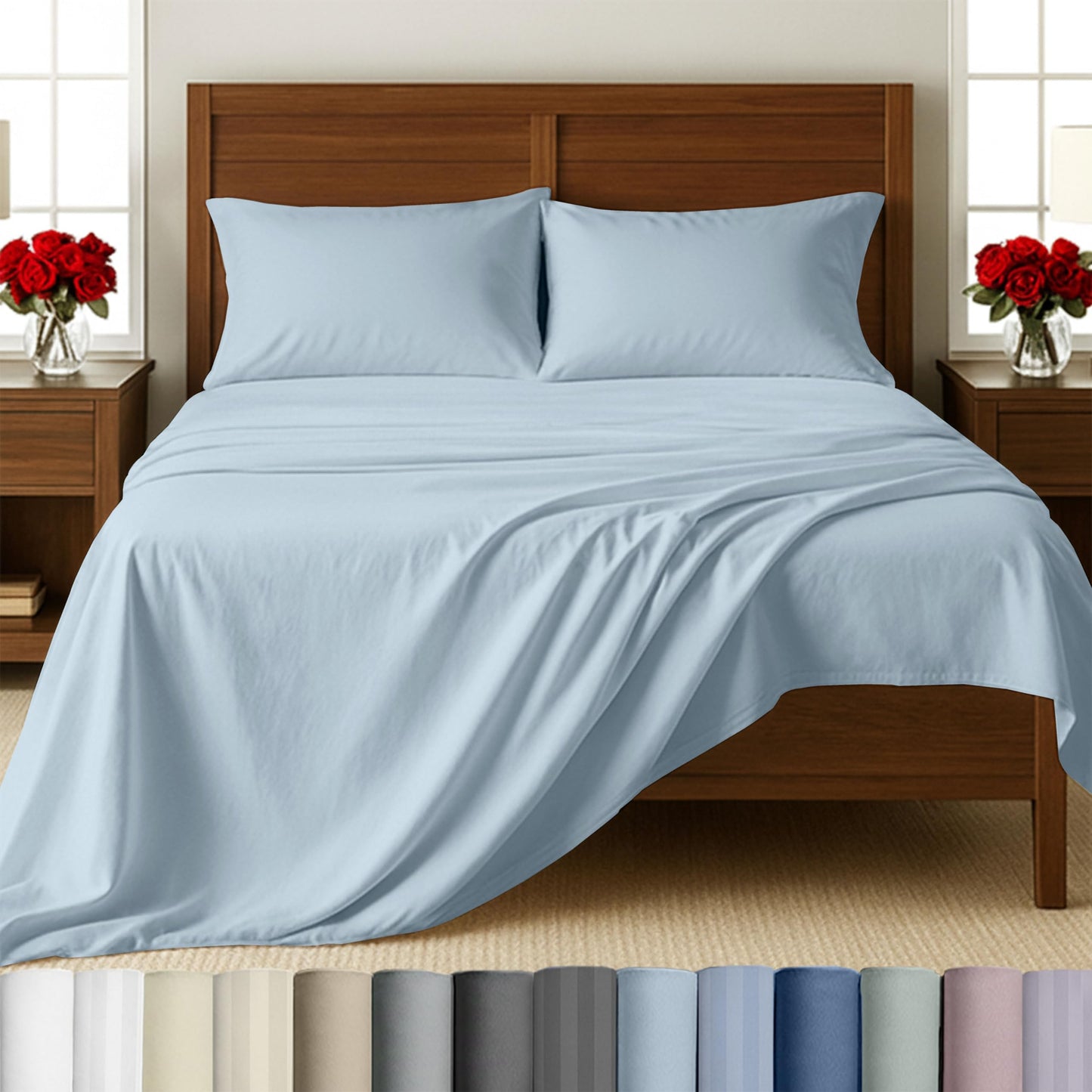 California Design Den - Queen Cotton Sheet Set, Soft 100% Cotton Sheets Deep Pockets Set, Snug Fit Elastic, 500 Thread Count Sateen, Sheet Sets for Bed - Blue (Grey Tone)