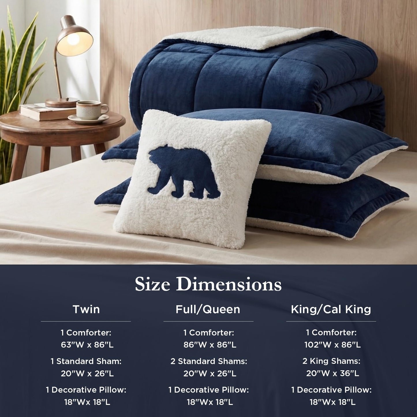 Woolrich Reversible Comforter Set Ultra Soft Plush to Sherpa, Down Alternative, Cold Weather Winter Warm Bedding, with Matching Sham, Decorative Pillow Navy/Ivory Full/Queen 4 Piece