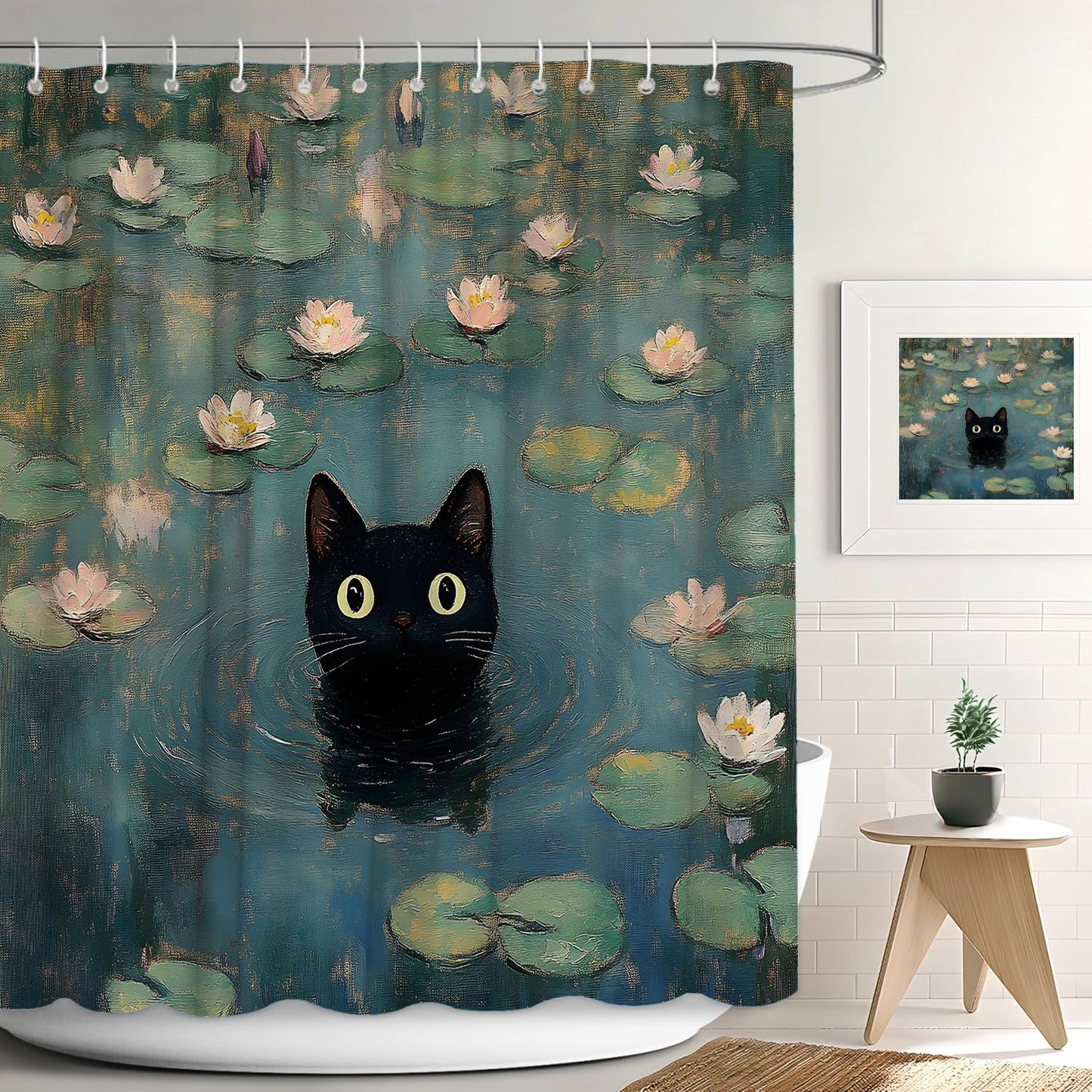 ZFMRZF Black Cat Shower Curtain, Waterlily Pond Oil Painting Style, Cute Kitten Bathroom Decor Polyester Curtains Set with Hooks 70x70 Inch