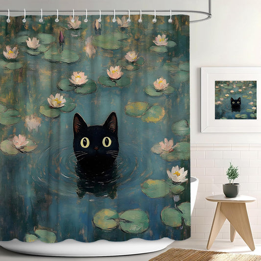 ZFMRZF Black Cat Shower Curtain, Waterlily Pond Oil Painting Style, Cute Kitten Bathroom Decor Polyester Curtains Set with Hooks 70x70 Inch