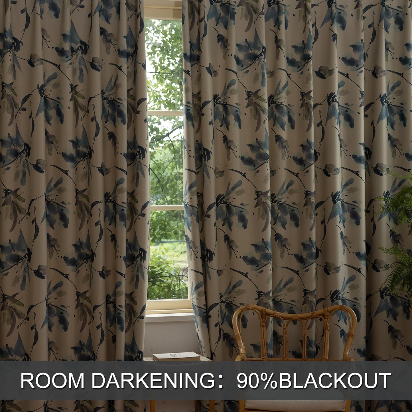 SUOUO Floral Blackout Curtains for Bedroom 84 inches Long Patterned Grey Blue Leaf Room Darkening Window Drapes for Living Room 2 Panels