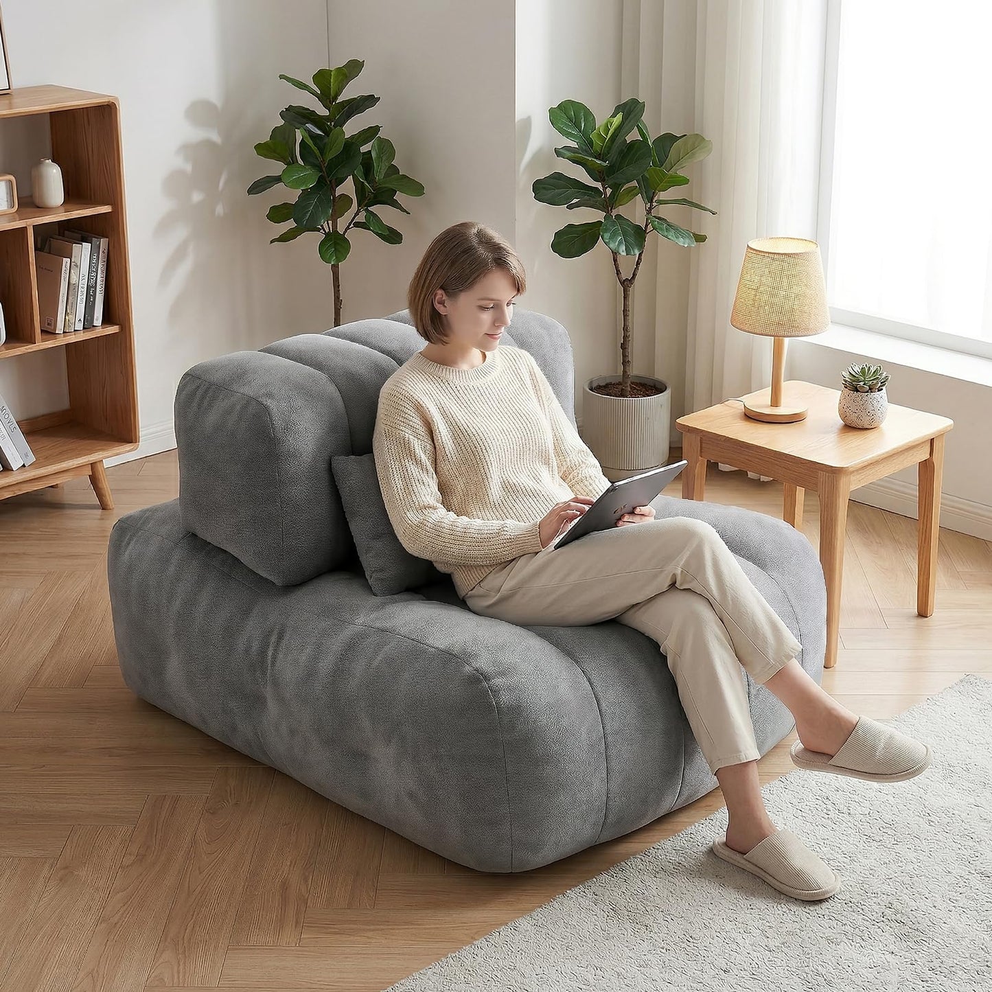 Foldable Bean Bag Chair with Memory Foam - Oversized Chaise Lounge Sofa for Adults, Comfy 2-in-1 Convertible Floor Couch for Bedroom Reading & Gaming (Lava Ash)