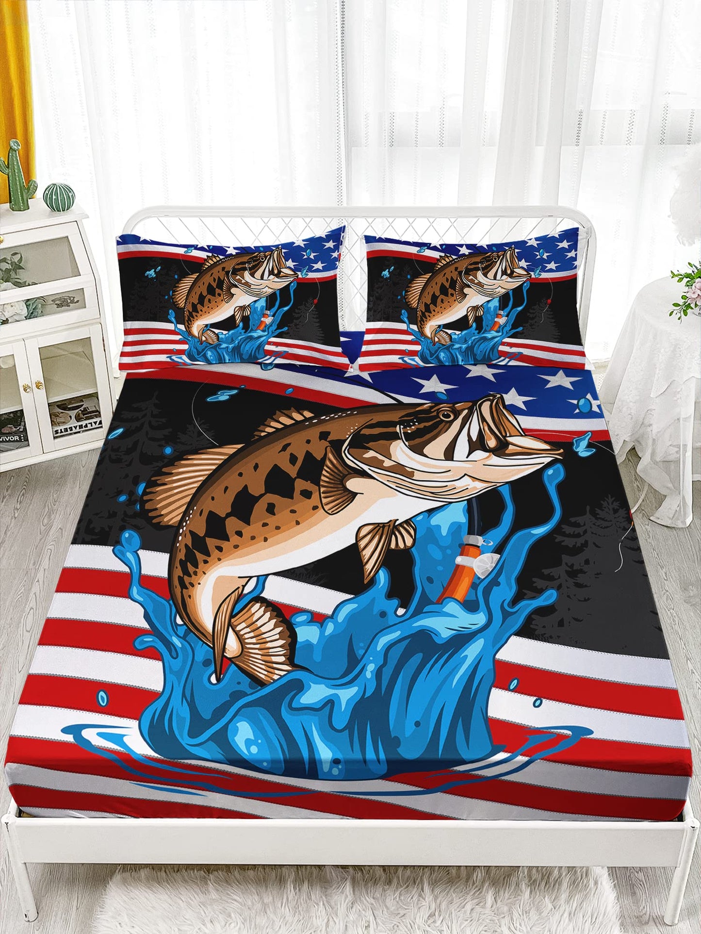 HOSIMA Big Pike Fishing Fitted Sheet Full,Bass Fish American Flag Pattern Hunting and Fishing Bed Set Full Size for Boys Room Decor, 1 Fitted Sheet + 2 Pillowcases.