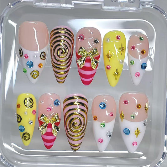 Octoswave Long Almond Press on Nails with 3D Bow, Spiral & Rhinestone Accents – Vibrant Acrylic Fake Nails for Women, Perfect for Parties, Weddings, Holidays & Daily Glam (30Pcs)