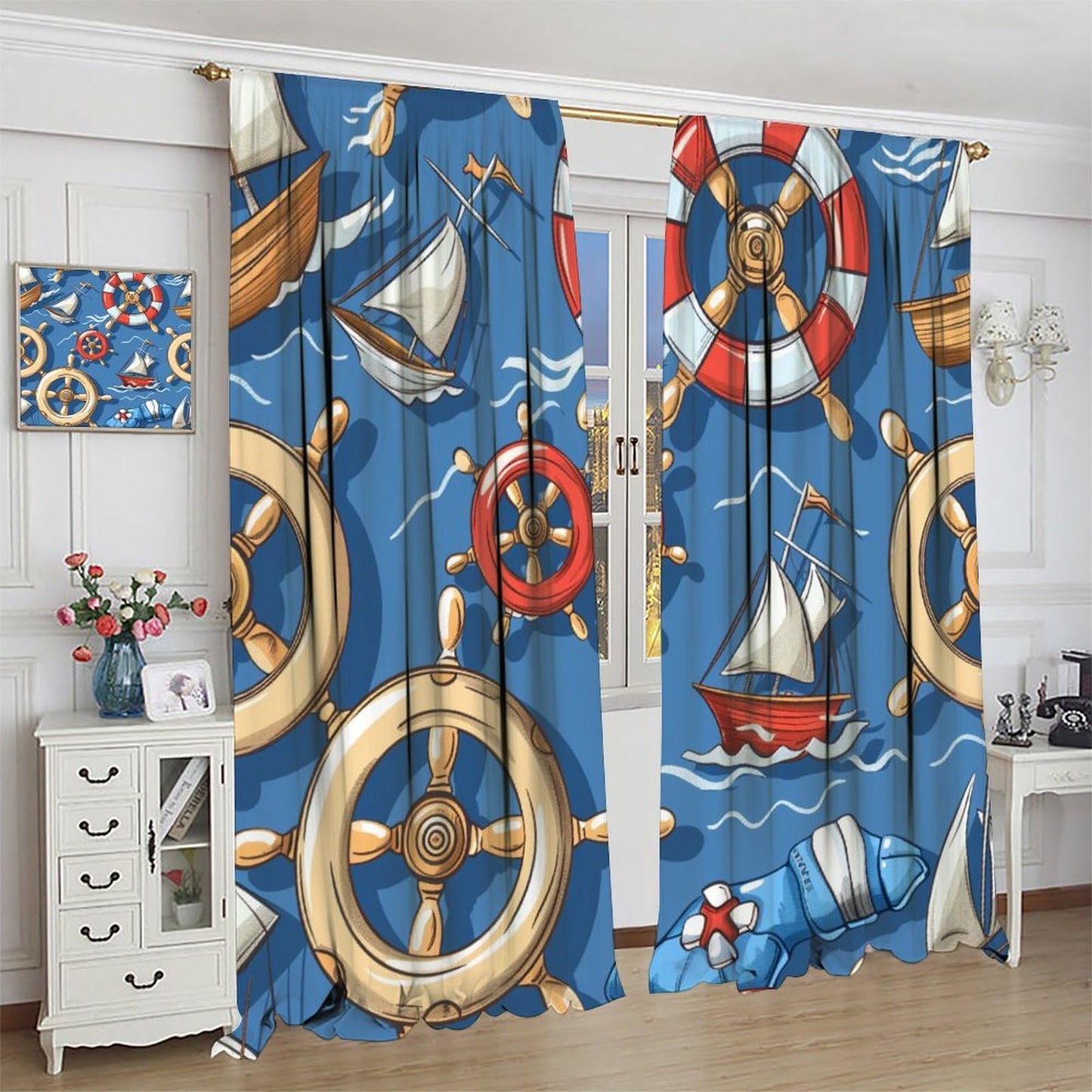HDESDIS Cartoon Nautical Sailboat Blackout Curtains for Bedroom Living Room, Rod Pocket Ocean Boat Rudder Life Buoy Curtains Thermal Insulated Window Drapes 2 Panels, Each 21W x 45L