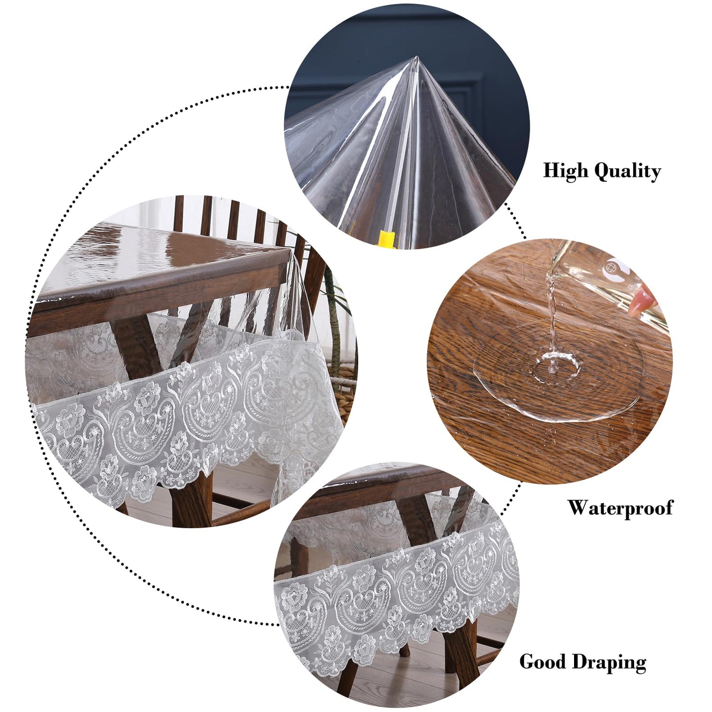 Clear Plastic Rectangle Tablecloth Vinyl Waterproof Table Cloth Embroidered Lace Edge Transparent Table Cover for Dining Kitchen Outdoor(52 x 70 inch, White)