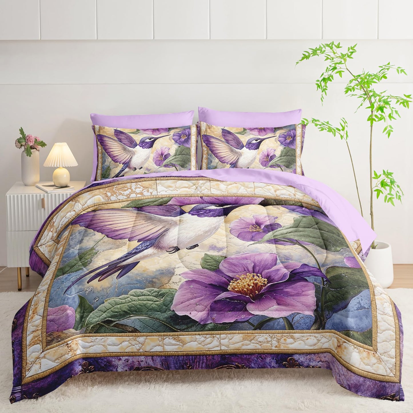 AILONEN Beautiful Hummingbird Bed in a Bag Queen Size - Purple Flower Bird Theme - 3Pcs Soft Microfiber Boho Comforter for Girls Women - (Sheets,Pillowcases)