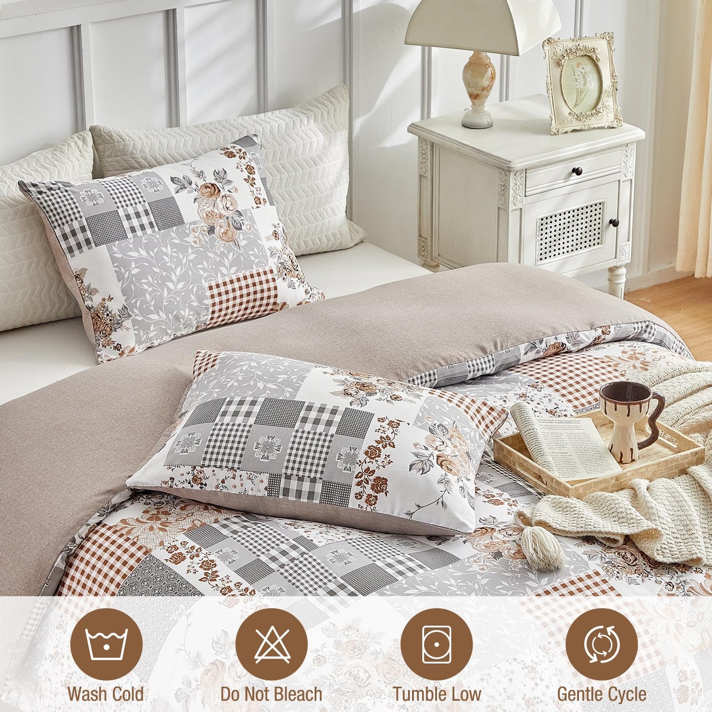 Lekesky King Size Duvet Cover Set, Patchwork Floral 3 Pieces Reversible Grey Duvet Cover Set, Ultra-Soft Microfiber 3 Pieces Comforter Cover with Zipper and Corner Ties, Includes 2 Pillowcases
