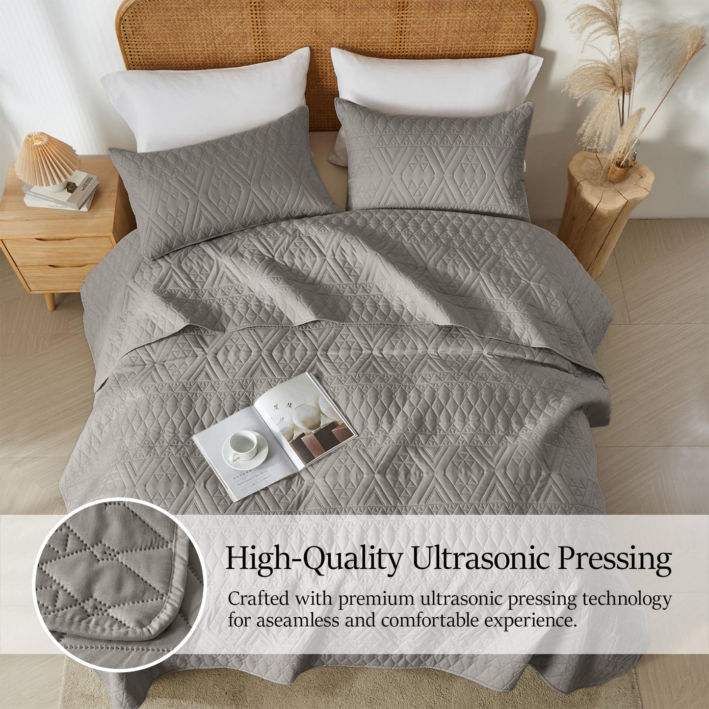 akkialla King/Cal King Size Quilt Bedding Set,Dark Grey Lightweight Microfiber Soft Bedspread,Modern Style Geometric Pattern Coverlet Set for All Seasons,3 Piece(1 Quilt,2 Pillow Shams)