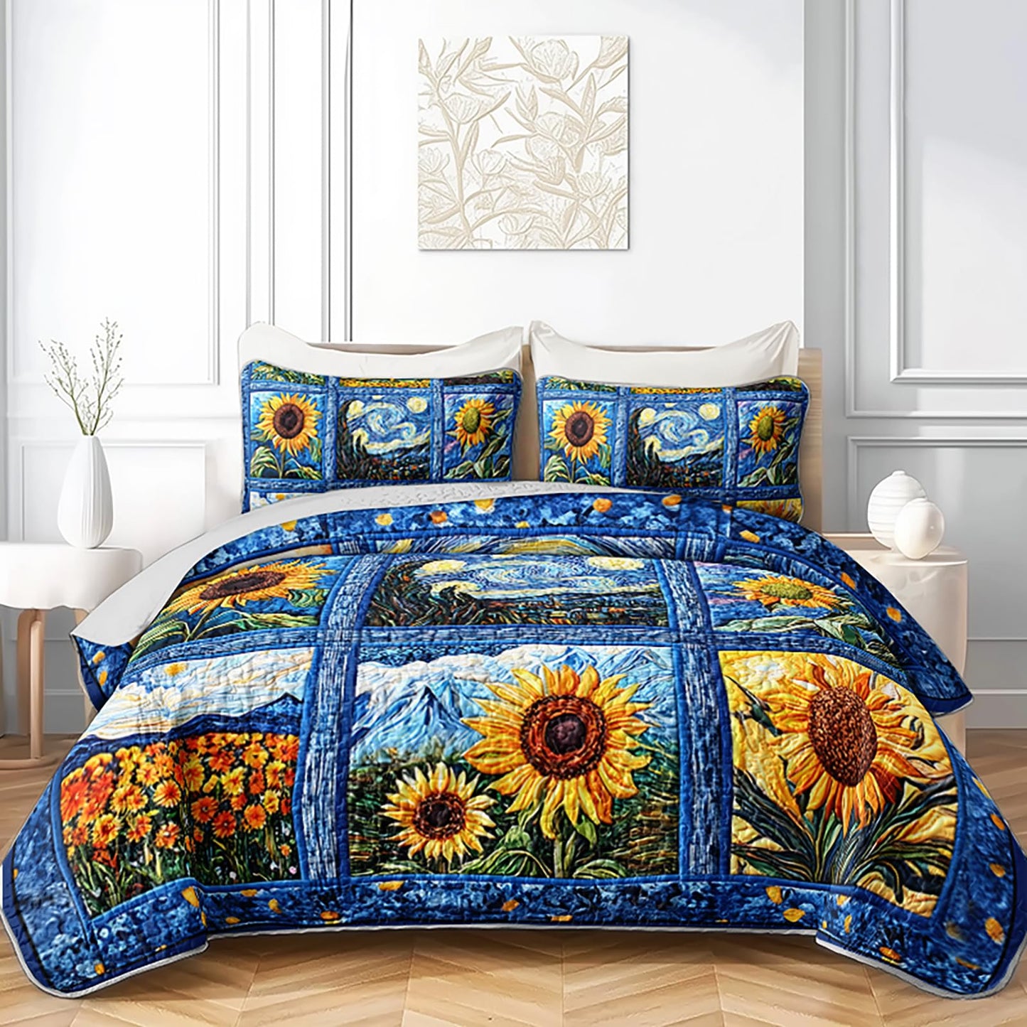 QOOMO Cartoon Sunflower Kids Quilt Set,Flores Print Bedding Set,Blue Room Decoration Soft and Lightweight for All Seasons Twin Size,1 Quilt Set 2 Pillowcases