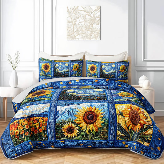 QOOMO Cartoon Sunflower Kids Quilt Set,Flores Print Bedding Set,Blue Room Decoration Soft and Lightweight for All Seasons Twin Size,1 Quilt Set 2 Pillowcases