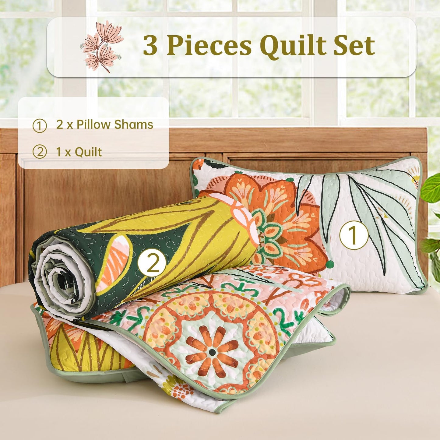 DJY Boho Floral Quilt Set Queen Size 3 Piece Green Bedspread, Botanical Farmhouse Quilt Bedding Set Reversible Soft Microfiber Bohemian Coverlet for All Season, 90''x96''