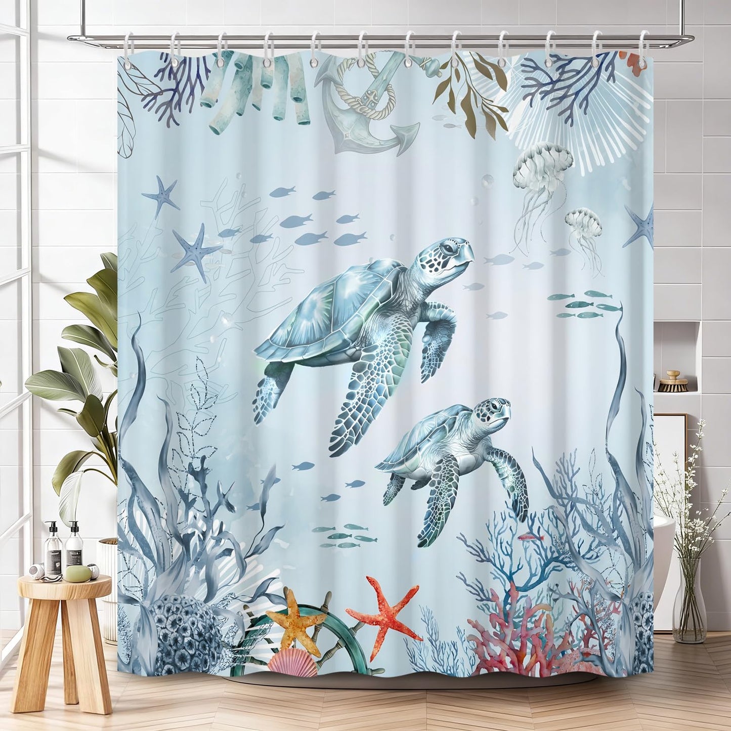 NAEMBCU Sea Turtle Shower Curtain with Hooks - 72x72 Inch Waterproof Fabric Ocean Bathroom Curtain with Coastal Marine Life Design, Bath Curtain for Beach Nautical Hotel House Decor