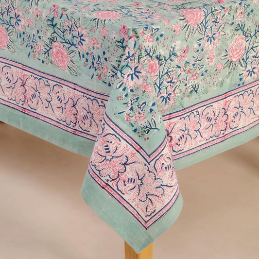 UrbanWeavers Hand Block Printed Tablecloth, Colorful Floral Print, Indian Artisan Handmade Art, Dining Room, Kitchen, Outdoor Décor, (Mint Green, 6 Seater 60 x 90 Inches Rectangle)