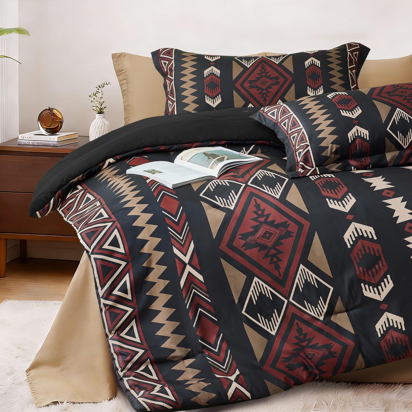Tyrot King Comforter Set – 3 Piece Black Red Boho Aztec Bedding, Western Southwestern Style Comforter Sets, Soft Lightweight Comforter for All Seasons, 1 Comforter & 2 Pillow Shams