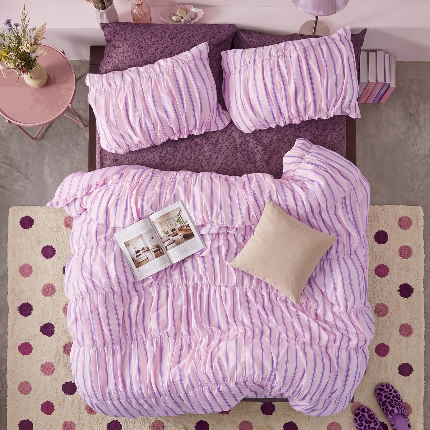 Merryword Pink Ruched Duvet Cover Set Queen Size 100% Cotton Bedding Set Pink and Purple Striped Aesthetic Duvet Cover with Zipper Closure and 8 Corner Ties