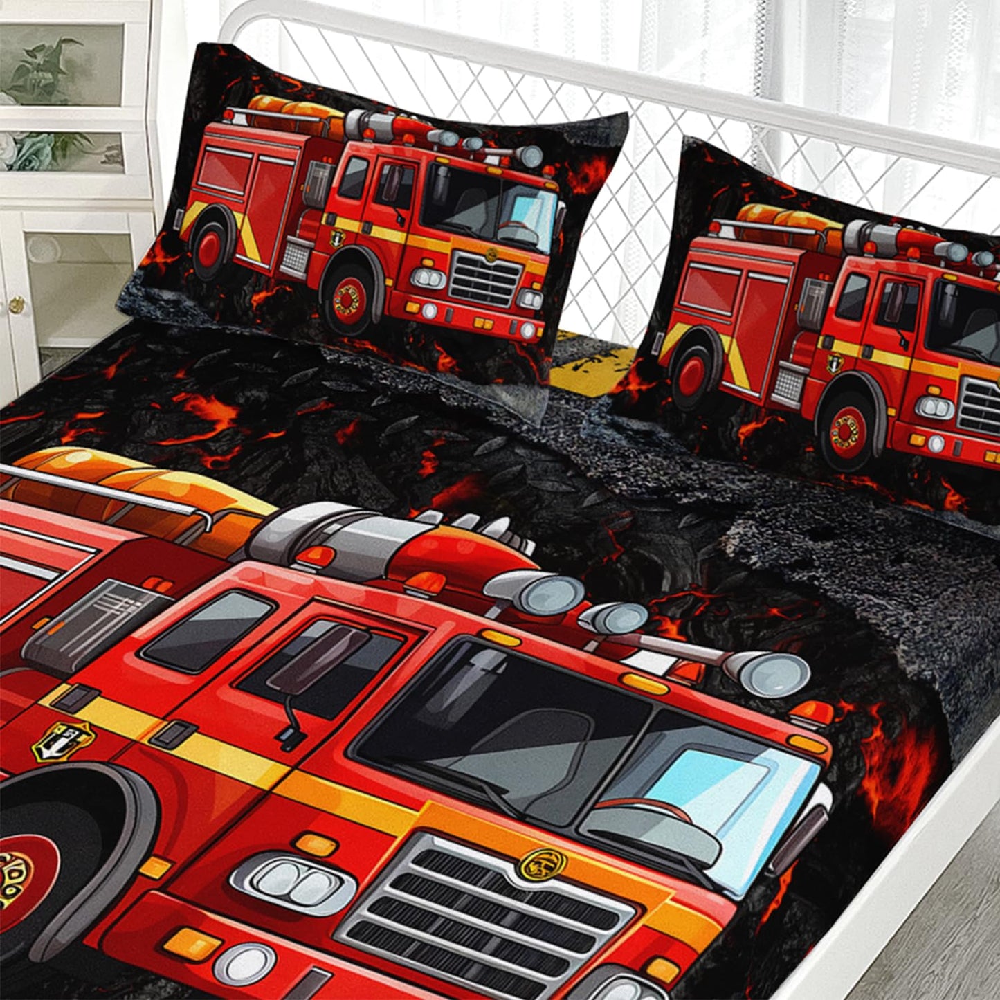AILONEN Cartoon Red Fire Truck Fitted Sheet Set Twin Size, Fire Rescue Car Bedding Set for Kids,Boys,Girls,Teens, Emergency Rescue Vehicle Bed Sheet Set,3-Piece, 1 Fitted Sheet and 2 Pillowcases